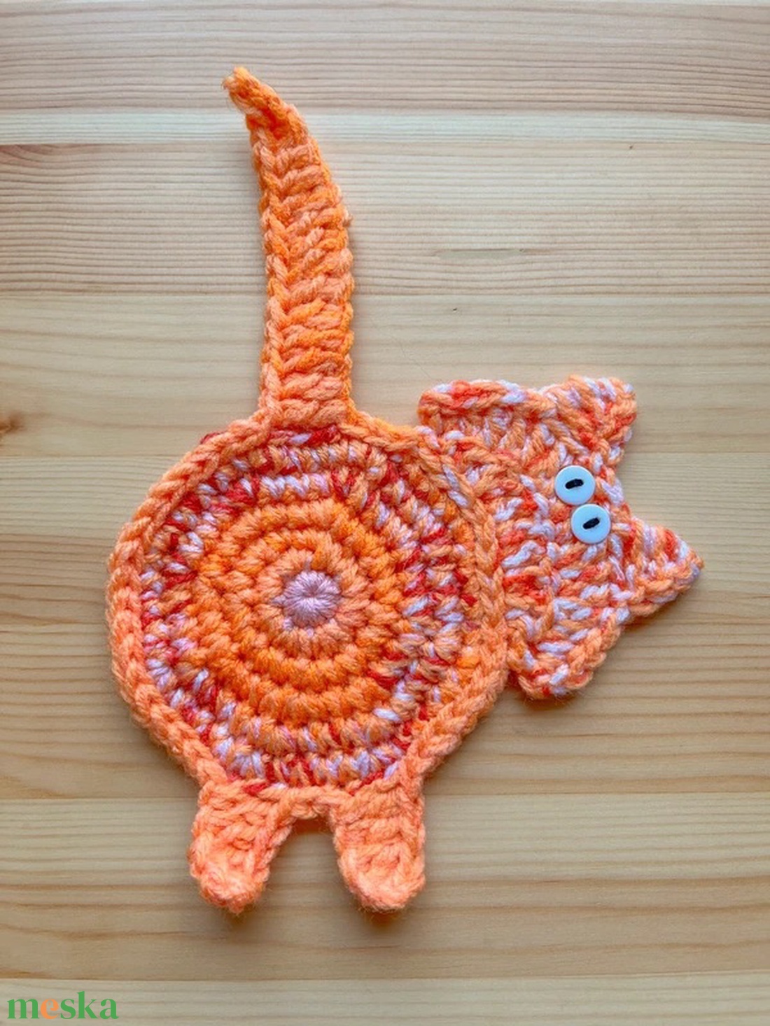 Horgolt cica poháralátét, egyedi darab. - otthon & életmód - konyhafelszerelés, tálalás - tálalás - tányér- és poháralátét - Meska.hu