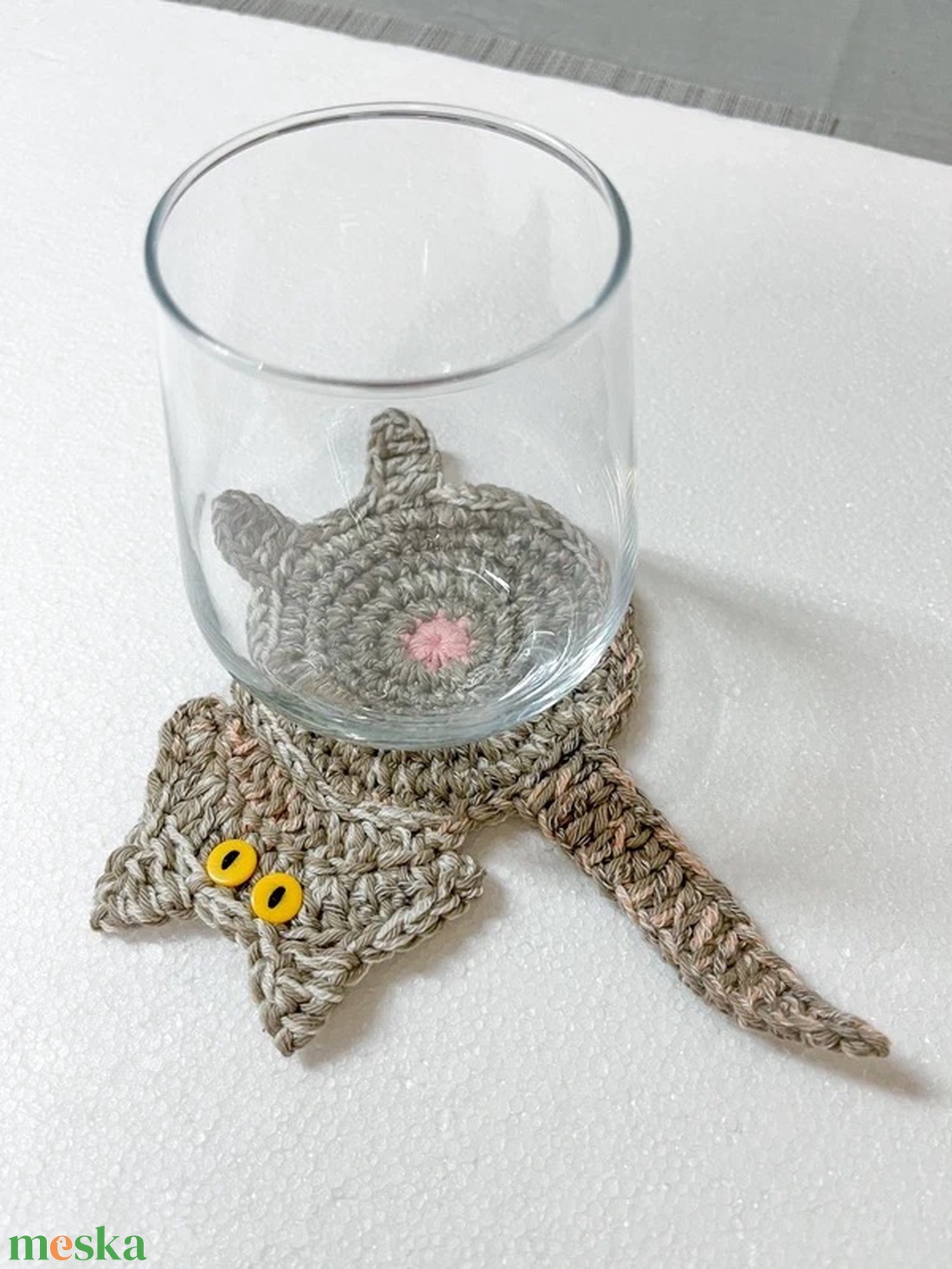 Horgolt cica poháralátét, egyedi darab. - otthon & életmód - konyhafelszerelés, tálalás - tálalás - tányér- és poháralátét - Meska.hu