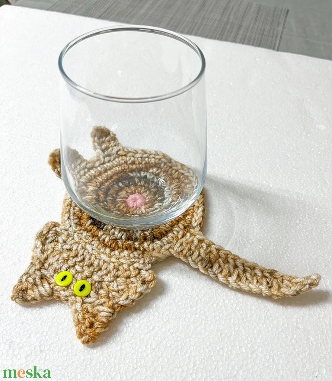 Horgolt cica poháralátét, egyedi darab. - otthon & életmód - konyhafelszerelés, tálalás - tálalás - tányér- és poháralátét - Meska.hu