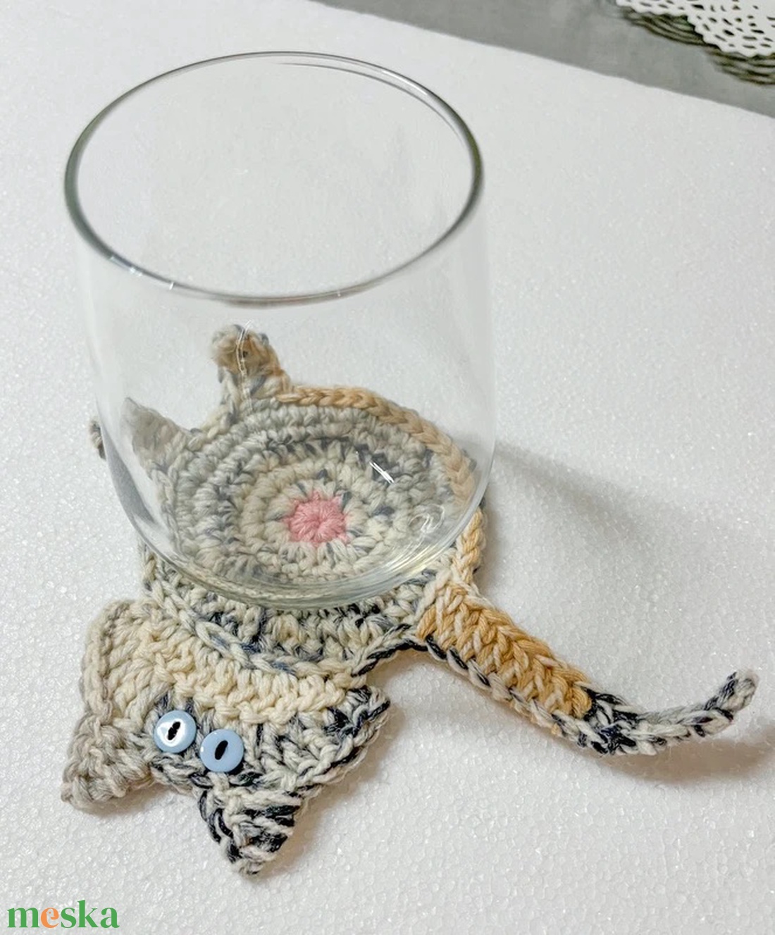 Horgolt cica poháralátét, egyedi darab. - otthon & életmód - konyhafelszerelés, tálalás - tálalás - tányér- és poháralátét - Meska.hu