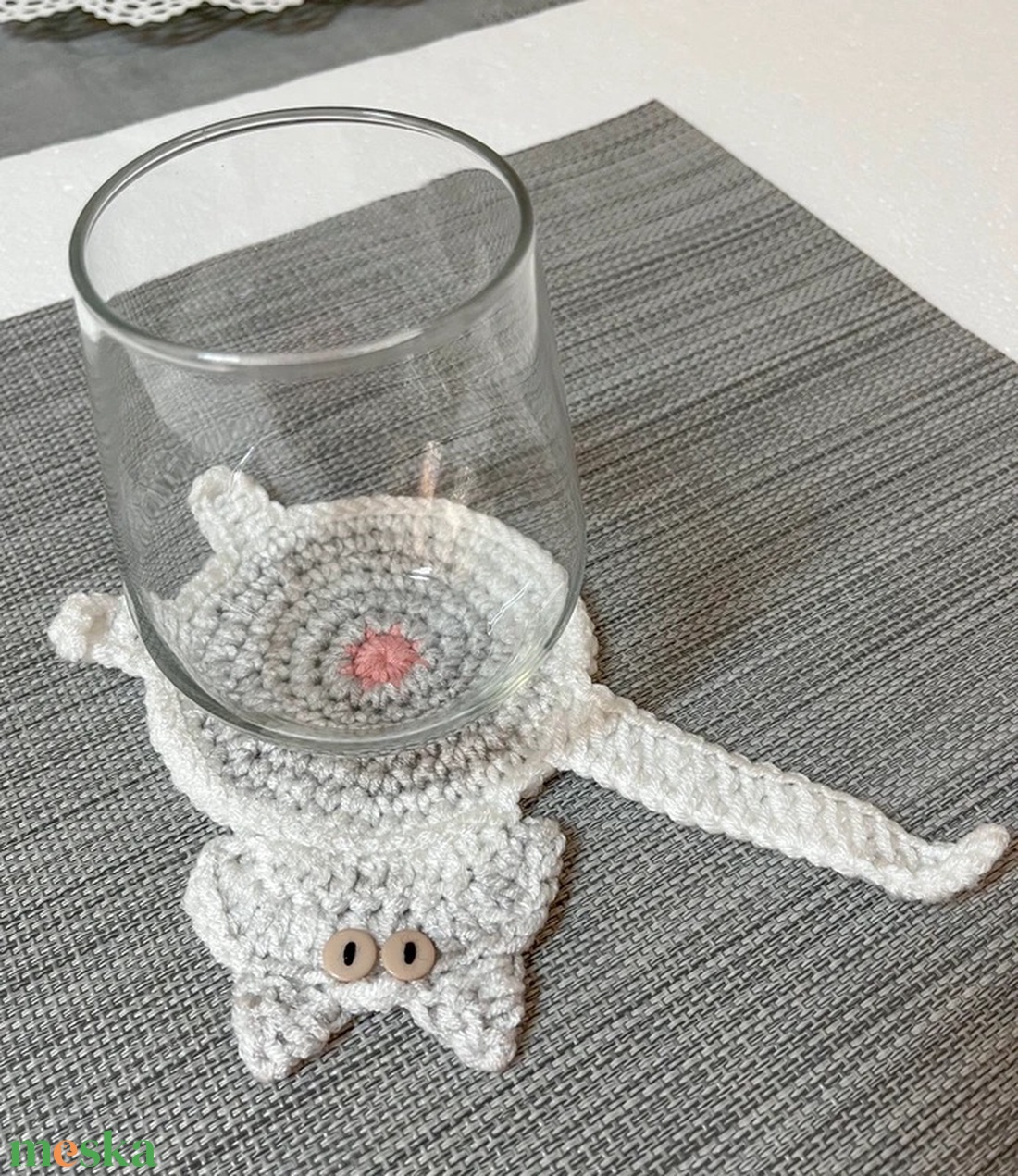 Horgolt cica poháralátét, egyedi darab. - otthon & életmód - konyhafelszerelés, tálalás - tálalás - tányér- és poháralátét - Meska.hu