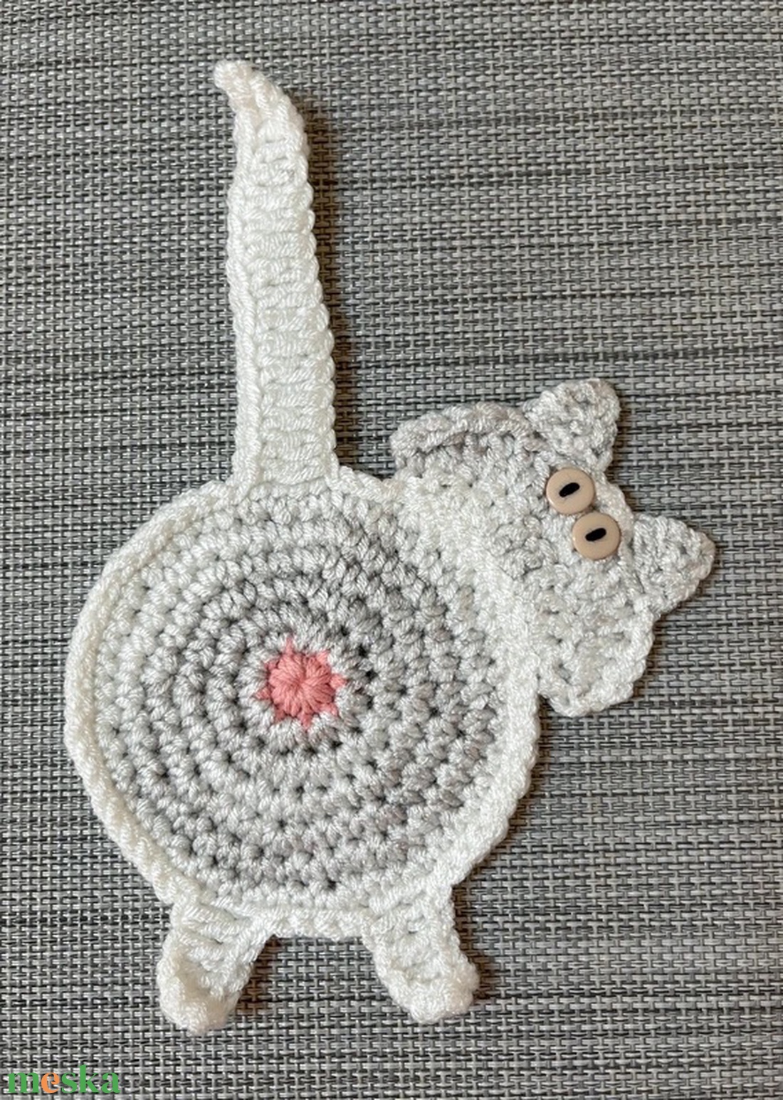 Horgolt cica poháralátét, egyedi darab. - otthon & életmód - konyhafelszerelés, tálalás - tálalás - tányér- és poháralátét - Meska.hu