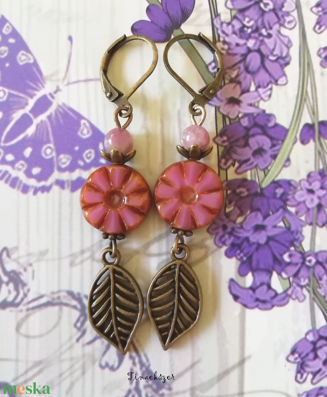 Mályva színű virágos füli turmalin ásvánnyal - ékszer - fülbevaló - lógó fülbevaló - Meska.hu