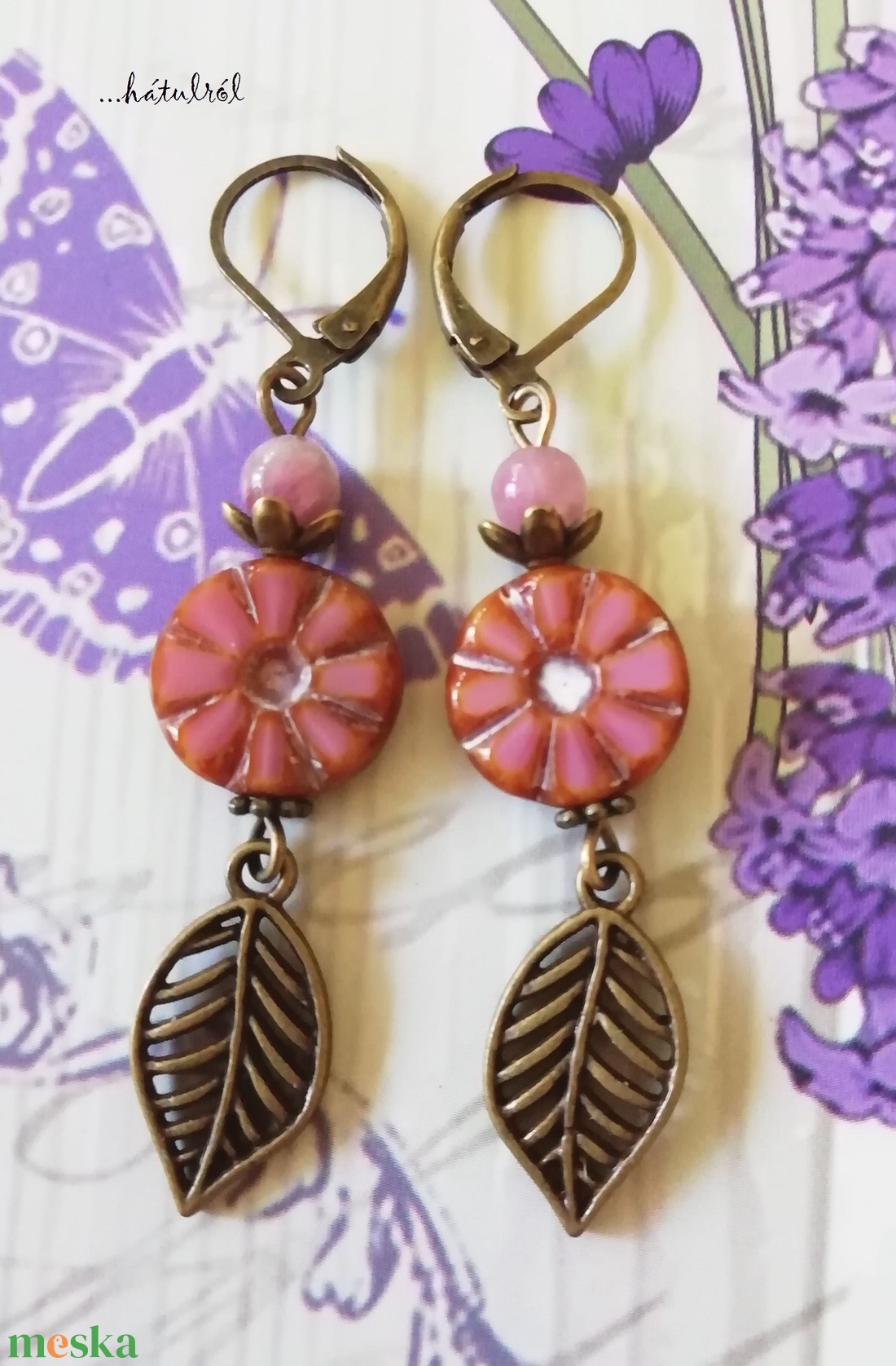 Mályva színű virágos füli turmalin ásvánnyal - ékszer - fülbevaló - lógó fülbevaló - Meska.hu