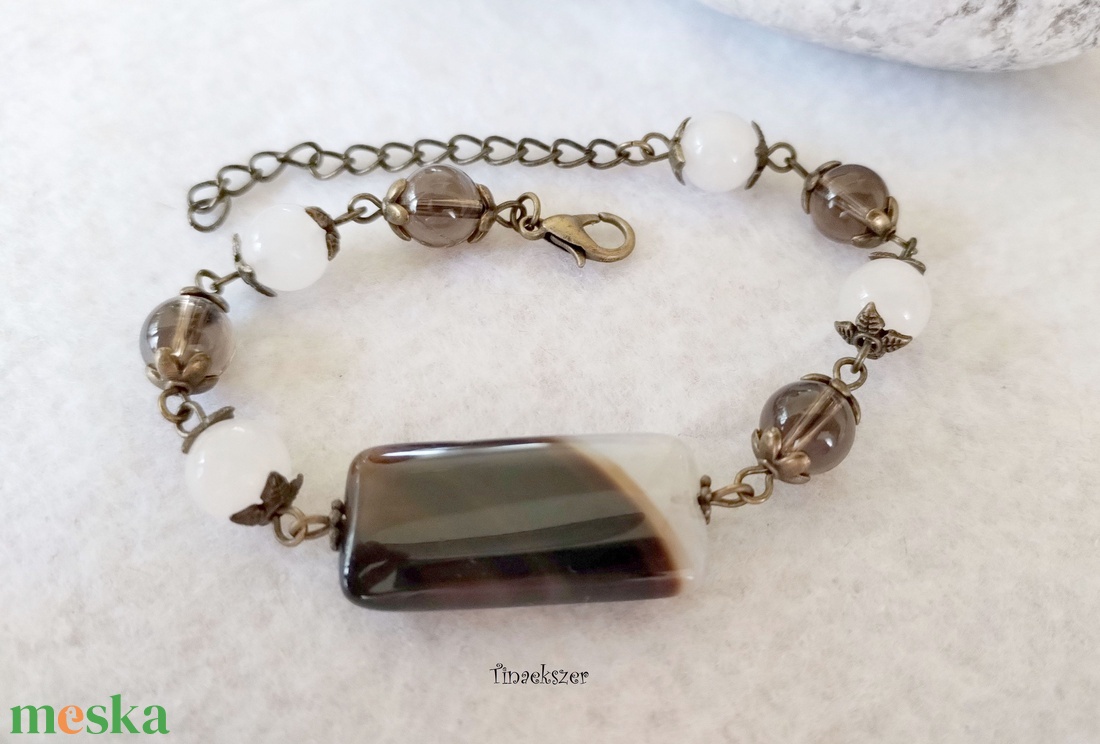 Forró espresso kis tejjel karkötő - sávos achát, füstkvarc, tejkvarc - ékszer - karkötő - ásványkarkötő - Meska.hu