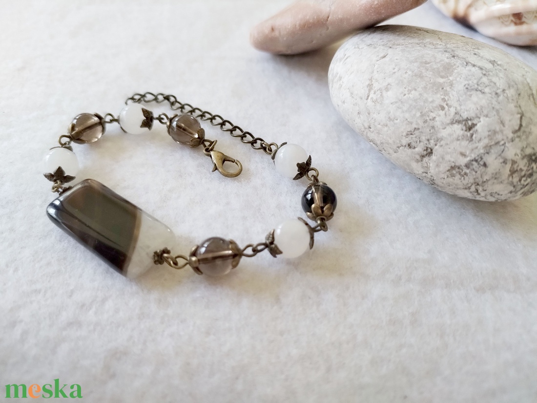 Forró espresso kis tejjel karkötő - sávos achát, füstkvarc, tejkvarc - ékszer - karkötő - ásványkarkötő - Meska.hu