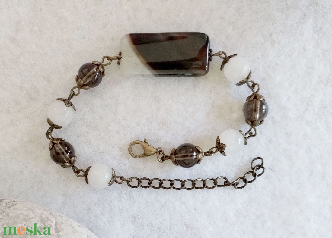 Forró espresso kis tejjel karkötő - sávos achát, füstkvarc, tejkvarc - ékszer - karkötő - ásványkarkötő - Meska.hu