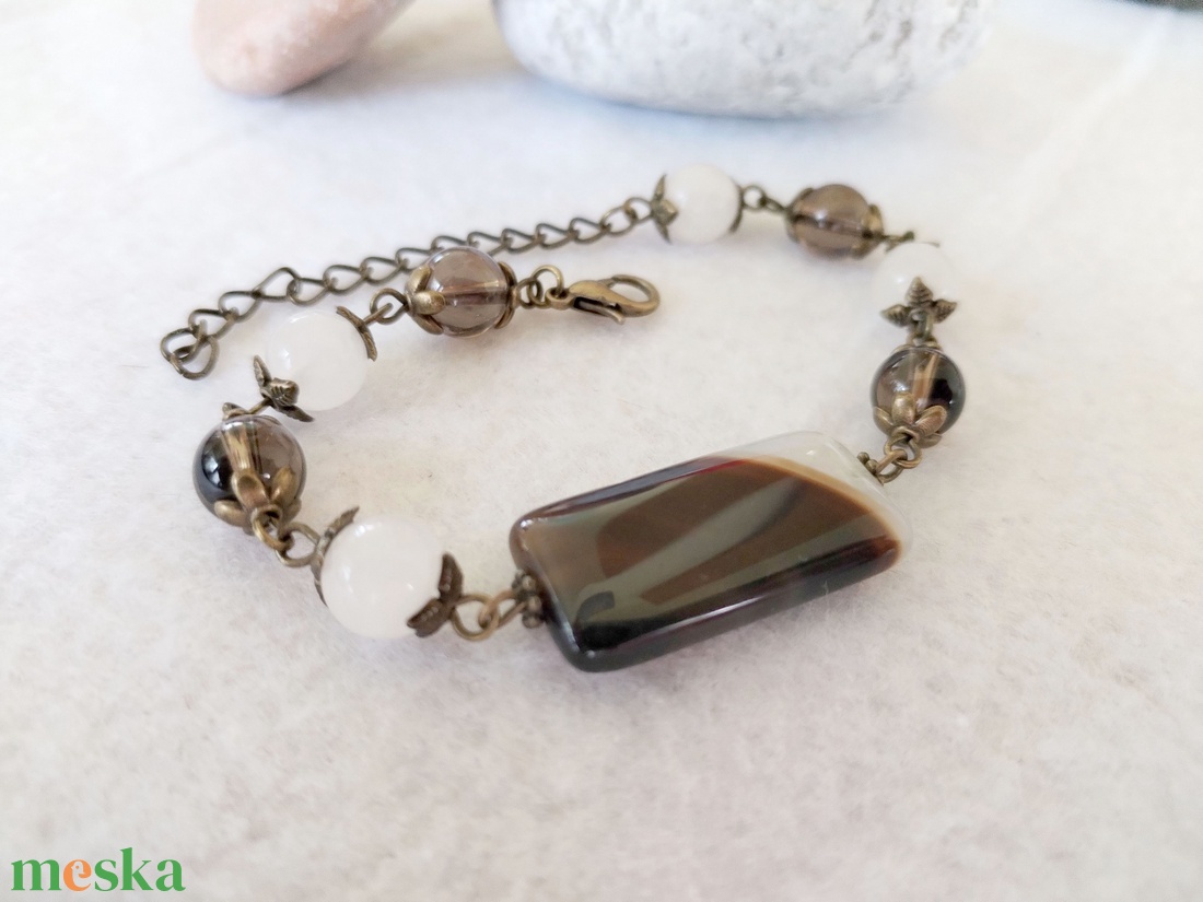 Forró espresso kis tejjel karkötő - sávos achát, füstkvarc, tejkvarc - ékszer - karkötő - ásványkarkötő - Meska.hu