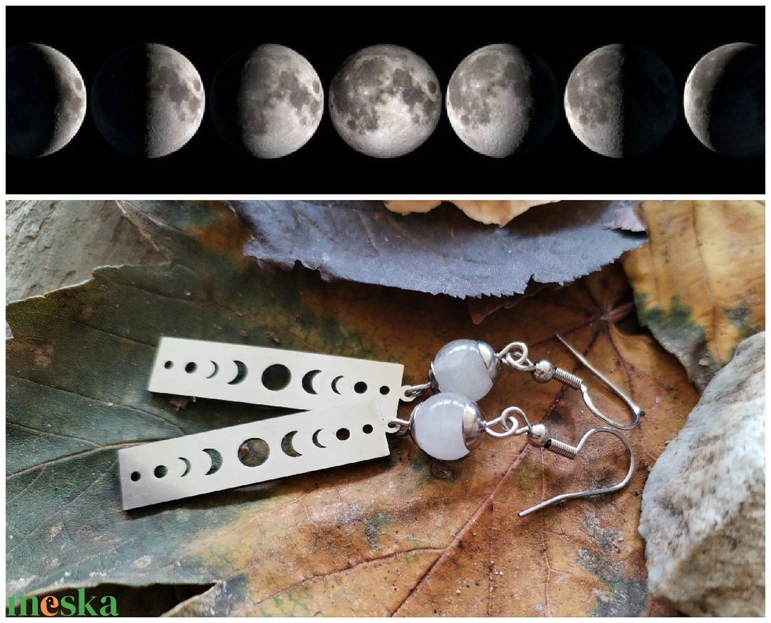 Holdfázis acél fülbevaló - fehér holdkő - ékszer - fülbevaló - lógó fülbevaló - Meska.hu