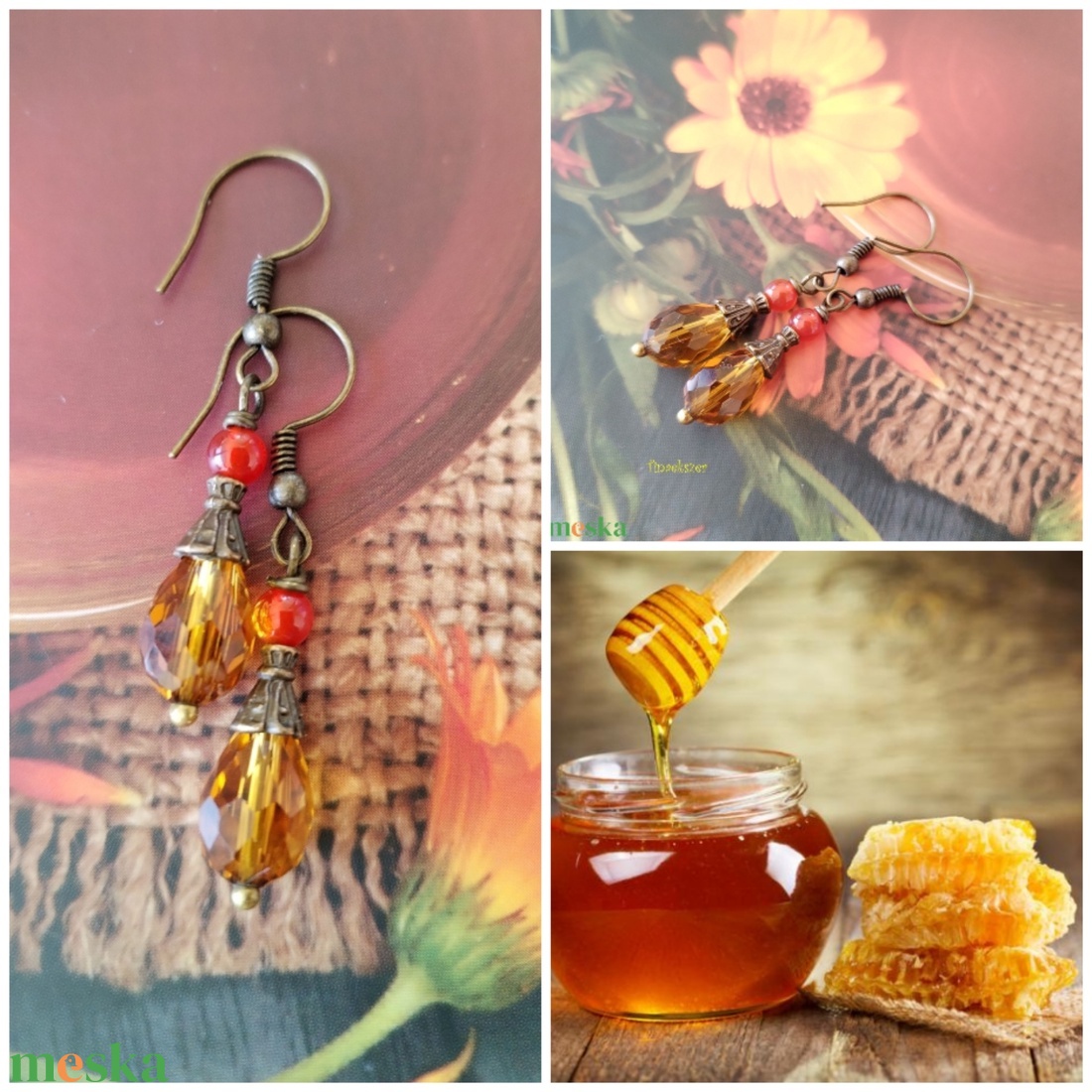 Méz csepp fülbevaló - narancssárga karneol és borostyán sárga üvegcsepp - ékszer - fülbevaló - lógó csepp fülbevaló - Meska.hu
