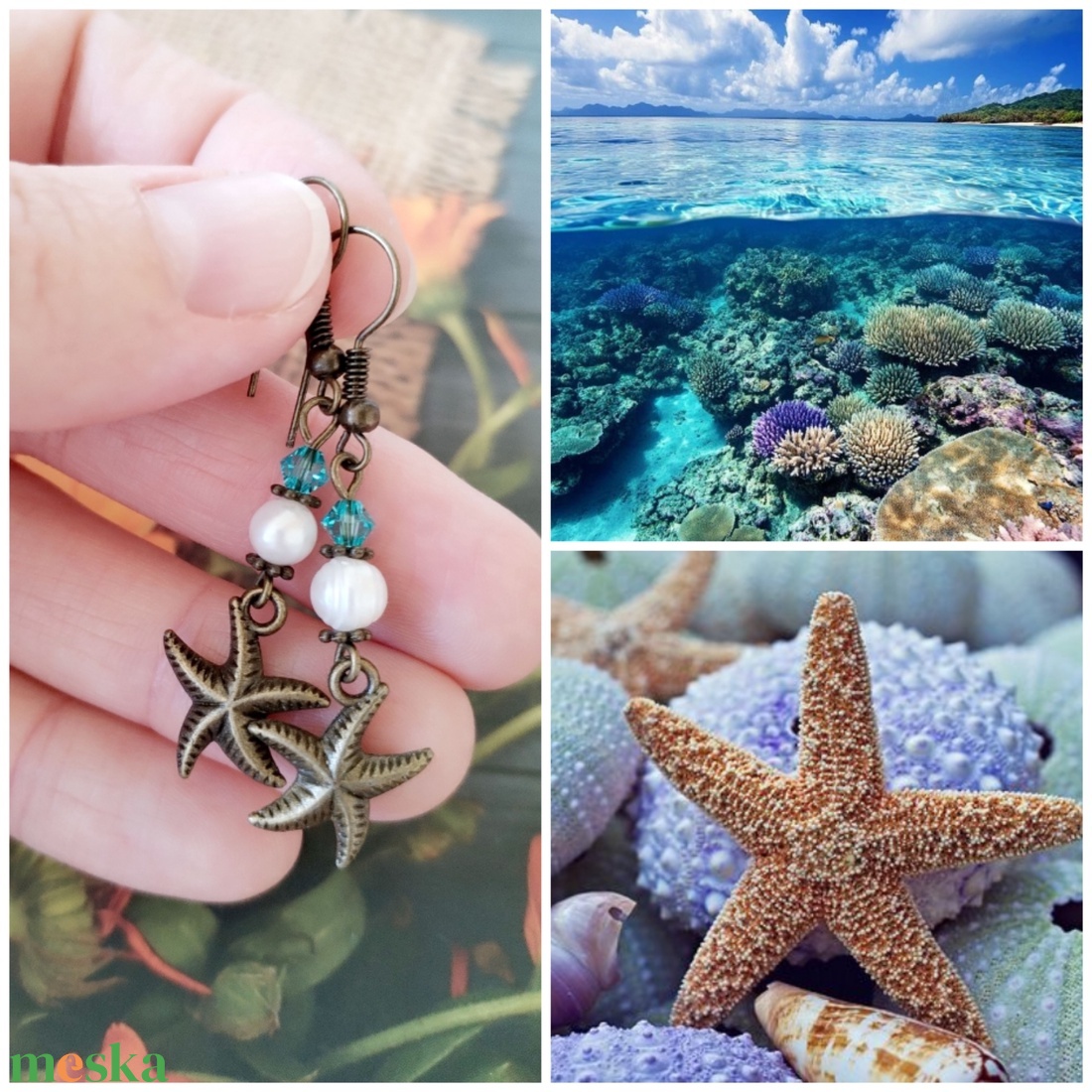 Tengerpart fülbevaló - bronz tengericsillag, fehér édesvizi tenyésztett gyöngy, türkiz swarovski kristály - ékszer - fülbevaló - lógó fülbevaló - Meska.hu