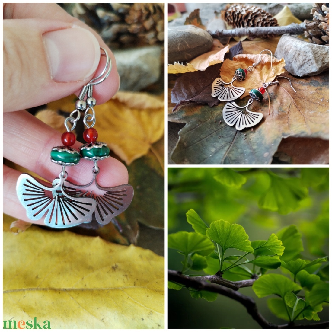 Ginkgo acél fülbevaló - narancssárga achát, zöld malachit, ginko levél - ékszer - fülbevaló - lógó fülbevaló - Meska.hu
