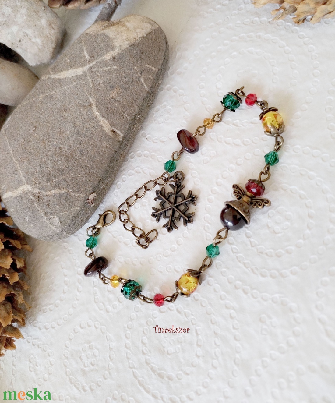 Angyal karkötő#2 - bordó gránát, sárga citrin, piros zöld és sárga üveggyöngy, hópehely  - ékszer - karkötő - gyöngyös karkötő - Meska.hu