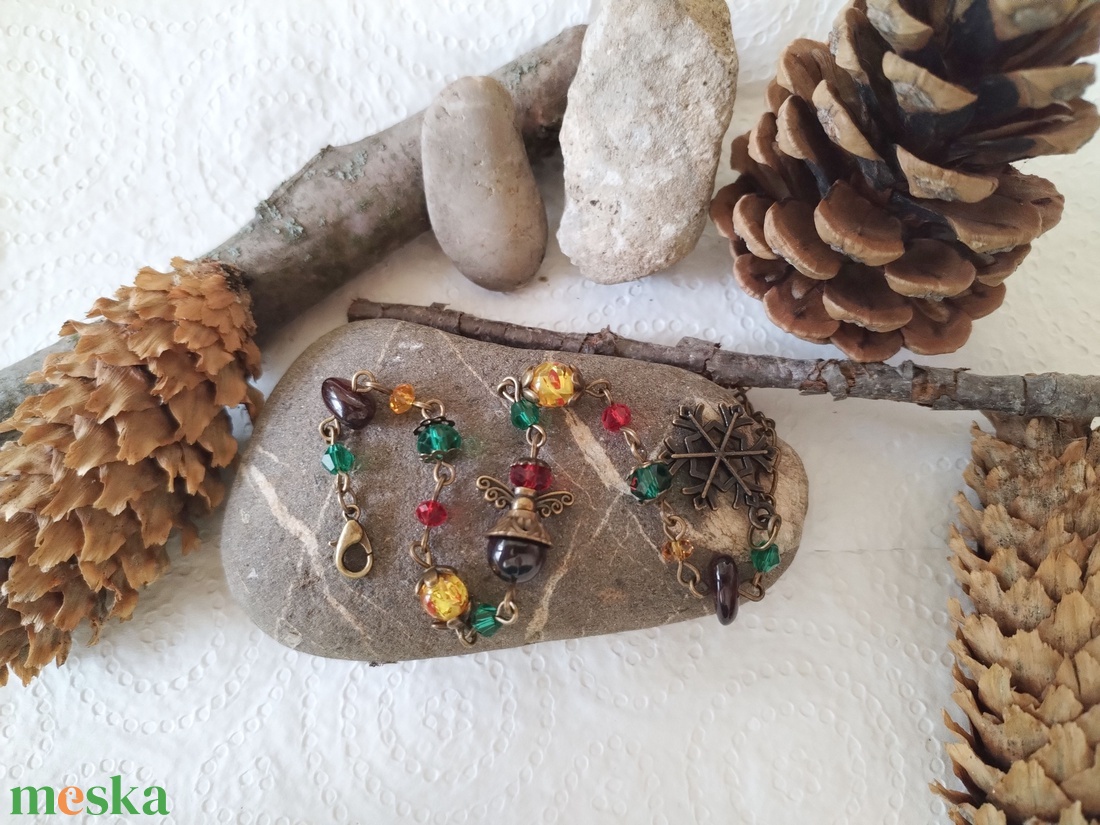 Angyal karkötő#2 - bordó gránát, sárga citrin, piros zöld és sárga üveggyöngy, hópehely  - ékszer - karkötő - gyöngyös karkötő - Meska.hu