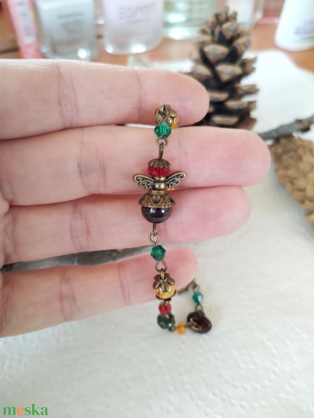 Angyal karkötő#2 - bordó gránát, sárga citrin, piros zöld és sárga üveggyöngy, hópehely  - ékszer - karkötő - gyöngyös karkötő - Meska.hu