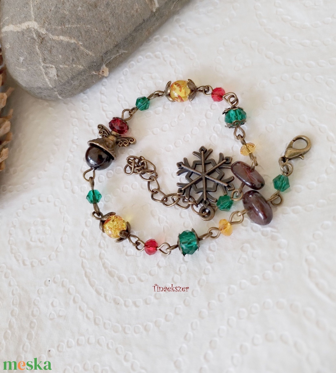 Angyal karkötő#2 - bordó gránát, sárga citrin, piros zöld és sárga üveggyöngy, hópehely  - ékszer - karkötő - gyöngyös karkötő - Meska.hu