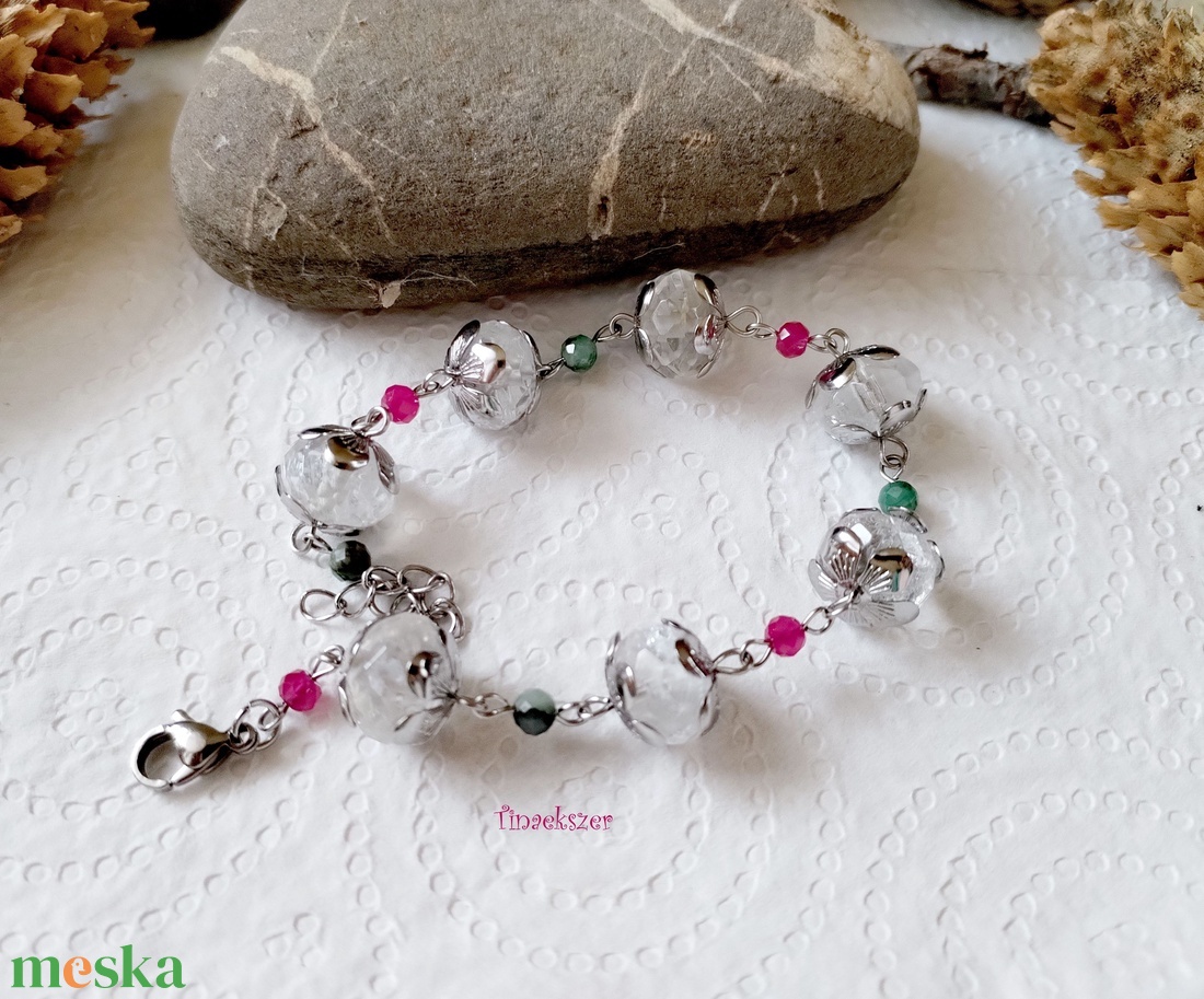 Hegyikristály, rubin és smaragd acél karkötő - ékszer - karkötő - ásványkarkötő - Meska.hu