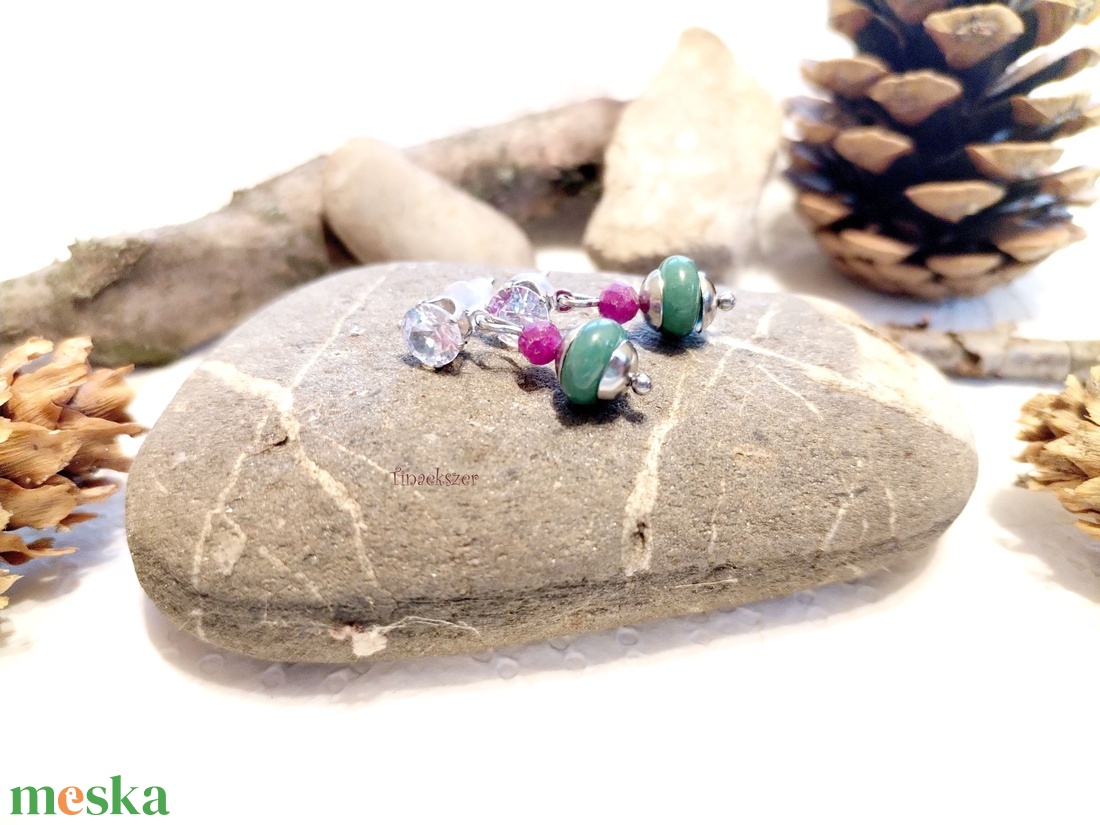 Rubin, aventurin és cirkónia acél fülbevaló  - ékszer - fülbevaló - lógó fülbevaló - Meska.hu