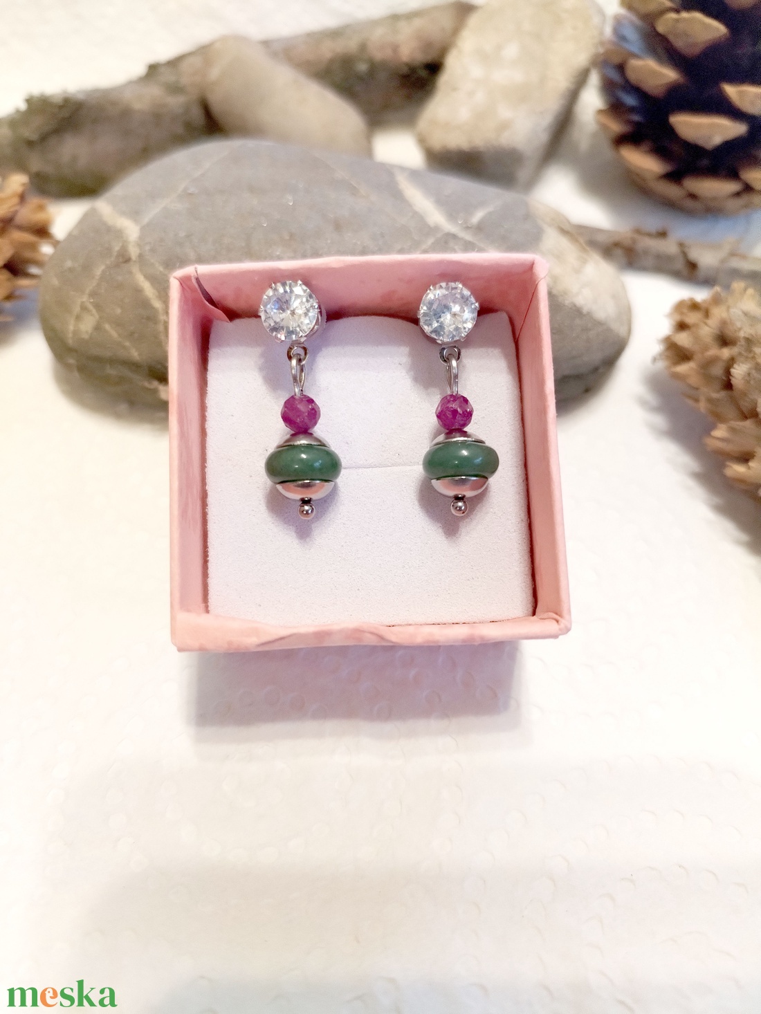 Rubin, aventurin és cirkónia acél fülbevaló  - ékszer - fülbevaló - lógó fülbevaló - Meska.hu