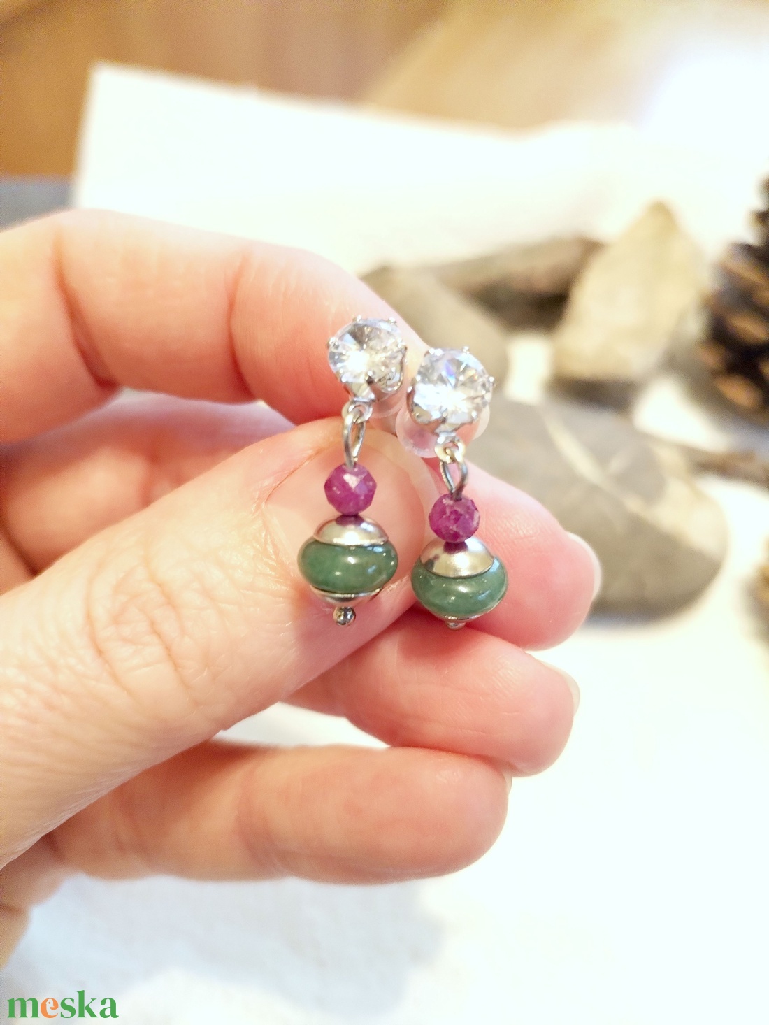 Rubin, aventurin és cirkónia acél fülbevaló  - ékszer - fülbevaló - lógó fülbevaló - Meska.hu