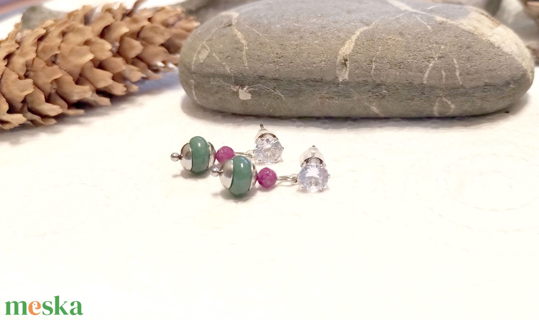 Rubin, aventurin és cirkónia acél fülbevaló  - ékszer - fülbevaló - lógó fülbevaló - Meska.hu