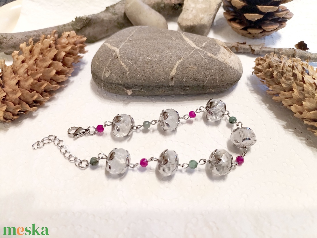 Hegyikristály, rubin és smaragd acél karkötő - ékszer - karkötő - ásványkarkötő - Meska.hu