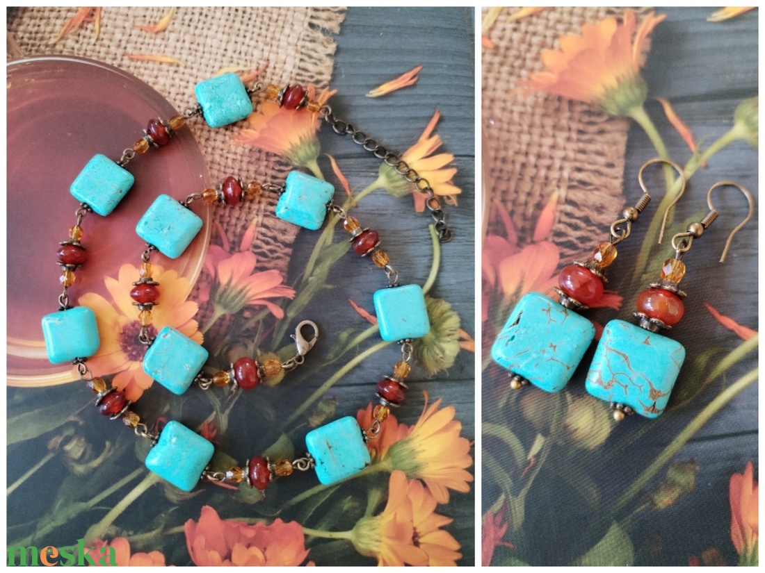 Türkinit és karneol ékszerszett - türkiz színű howlit, narancssárga karneol, borostyán sárga üveggyöngy - ékszer - ékszerszett - Meska.hu