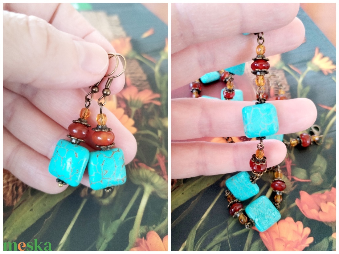 Türkinit és karneol ékszerszett - türkiz színű howlit, narancssárga karneol, borostyán sárga üveggyöngy - ékszer - ékszerszett - Meska.hu