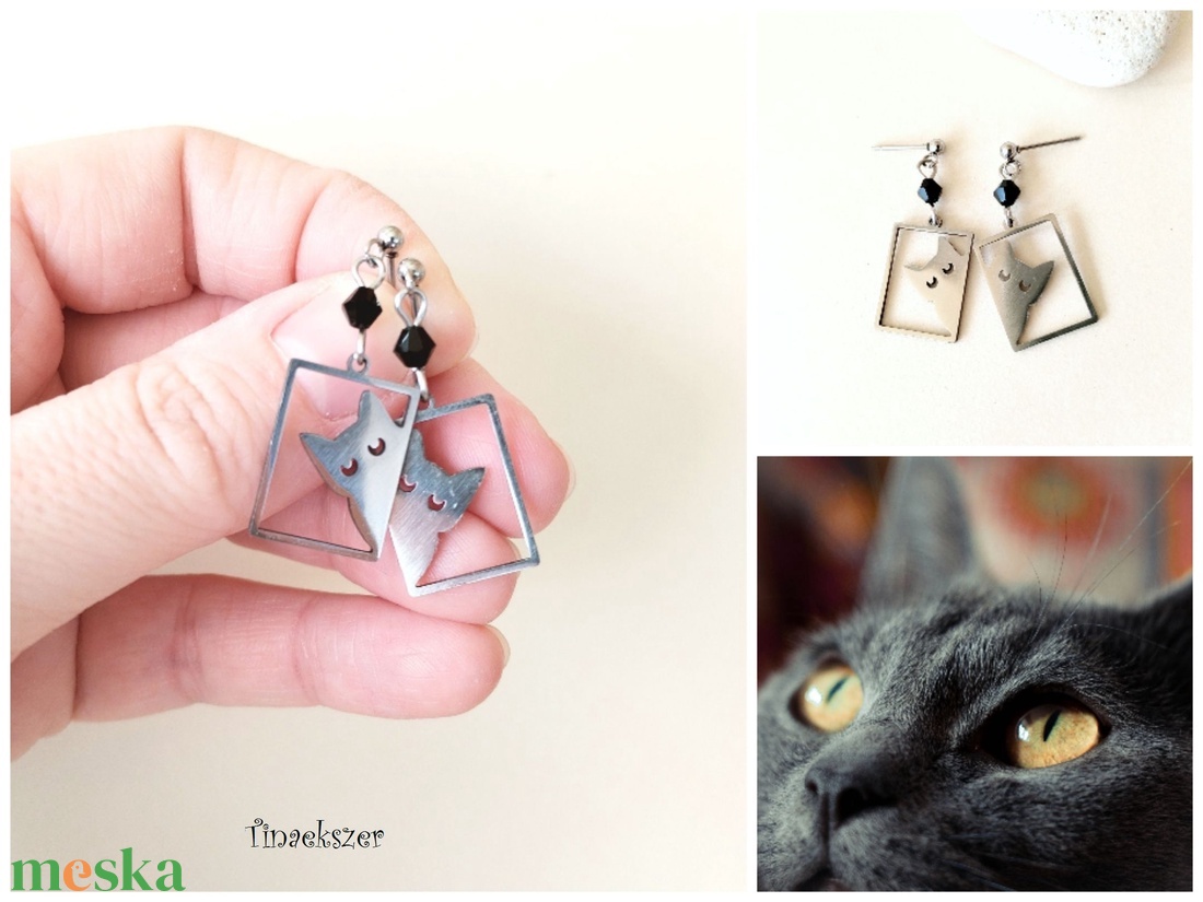 Fekete macska acél fülbevaló - ékszer - fülbevaló - lógó fülbevaló - Meska.hu