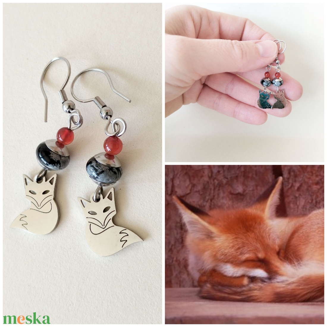 Acél róka fülbevaló - hópehely obszidián és narancssárga karneol achát - ékszer - fülbevaló - lógó fülbevaló - Meska.hu