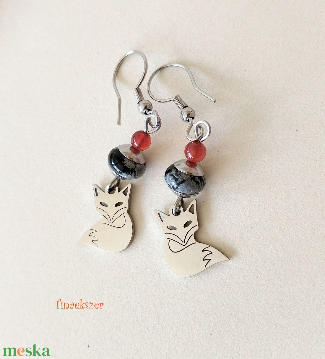 Acél róka fülbevaló - hópehely obszidián és narancssárga karneol achát - ékszer - fülbevaló - lógó fülbevaló - Meska.hu