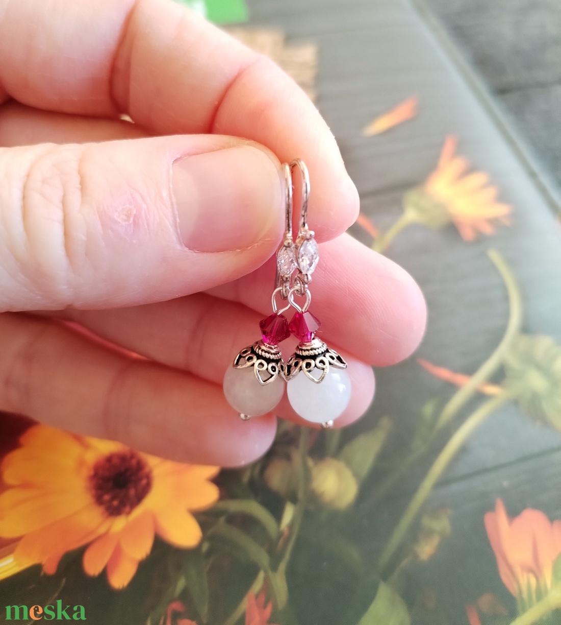 Holdkő és swarovski ruby cirkónia köves sterling ezüst fülbevaló - ékszer - fülbevaló - lógó fülbevaló - Meska.hu