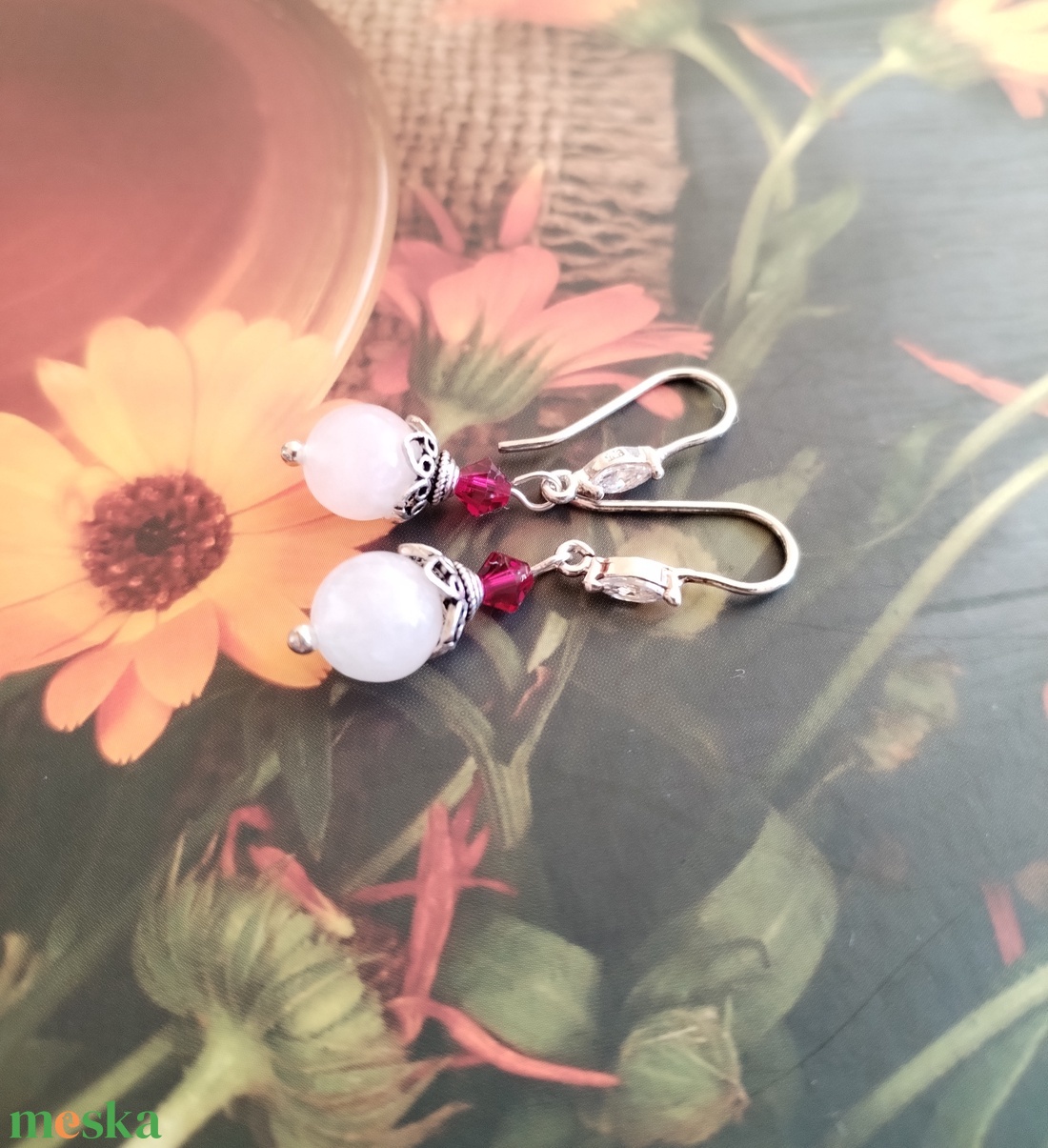 Holdkő és swarovski ruby cirkónia köves sterling ezüst fülbevaló - ékszer - fülbevaló - lógó fülbevaló - Meska.hu