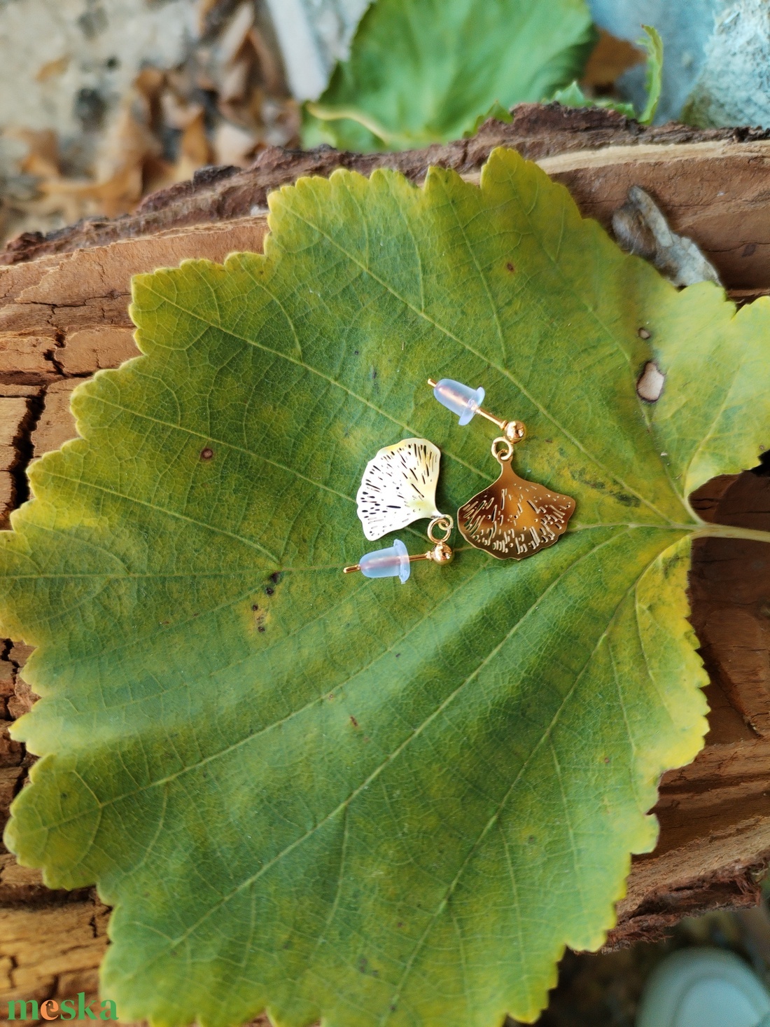 Ginkgo acél fülbevaló - ékszer - fülbevaló - lógó fülbevaló - Meska.hu
