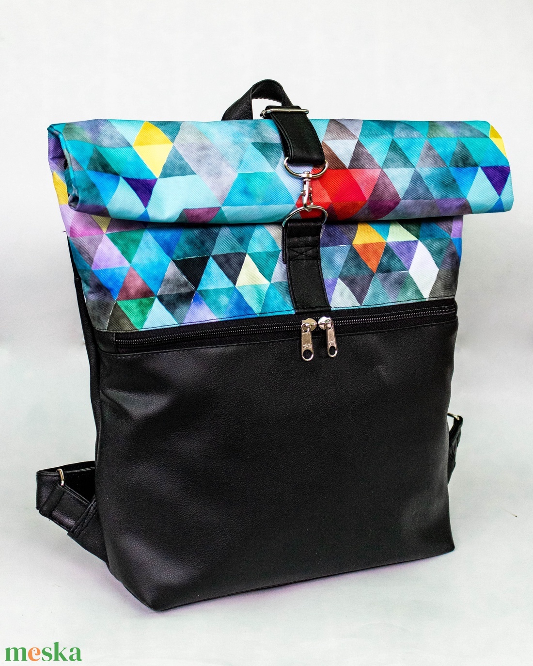 Kék, geometriai mintás roll up táska - táska & tok - hátizsák - roll top hátizsák - Meska.hu