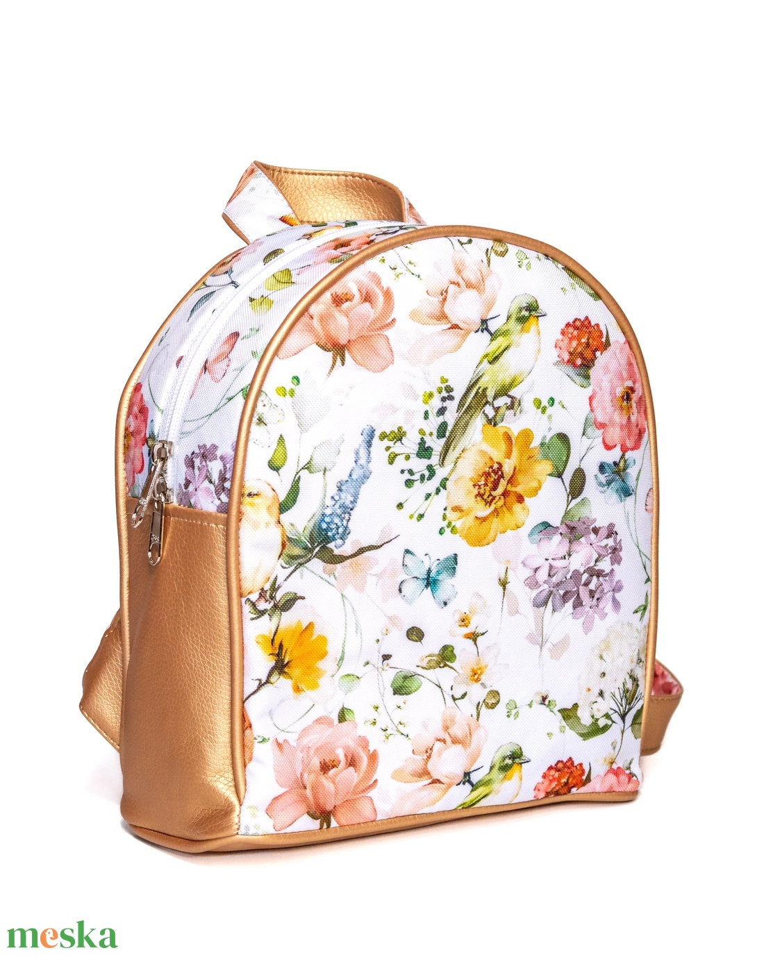 Rose gold kis méretű hátizsák virágos, madaras mintával - táska & tok - hátizsák - kishátizsák - Meska.hu