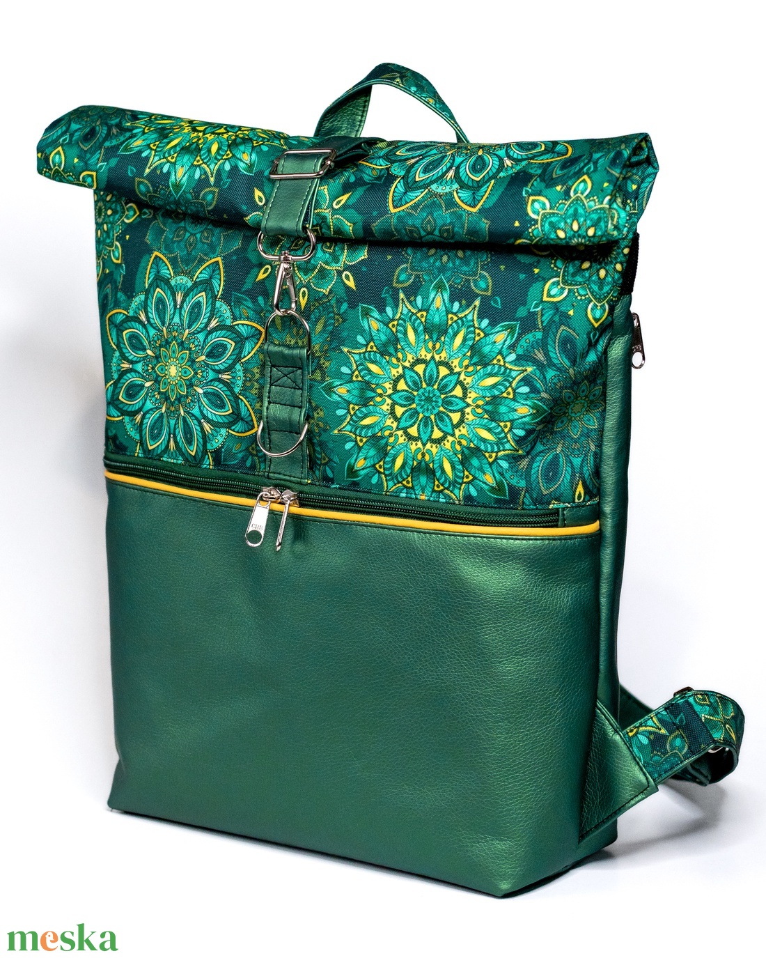 Zöld metálfényű, mandalás roll top hátizsák - táska & tok - hátizsák - roll top hátizsák - Meska.hu
