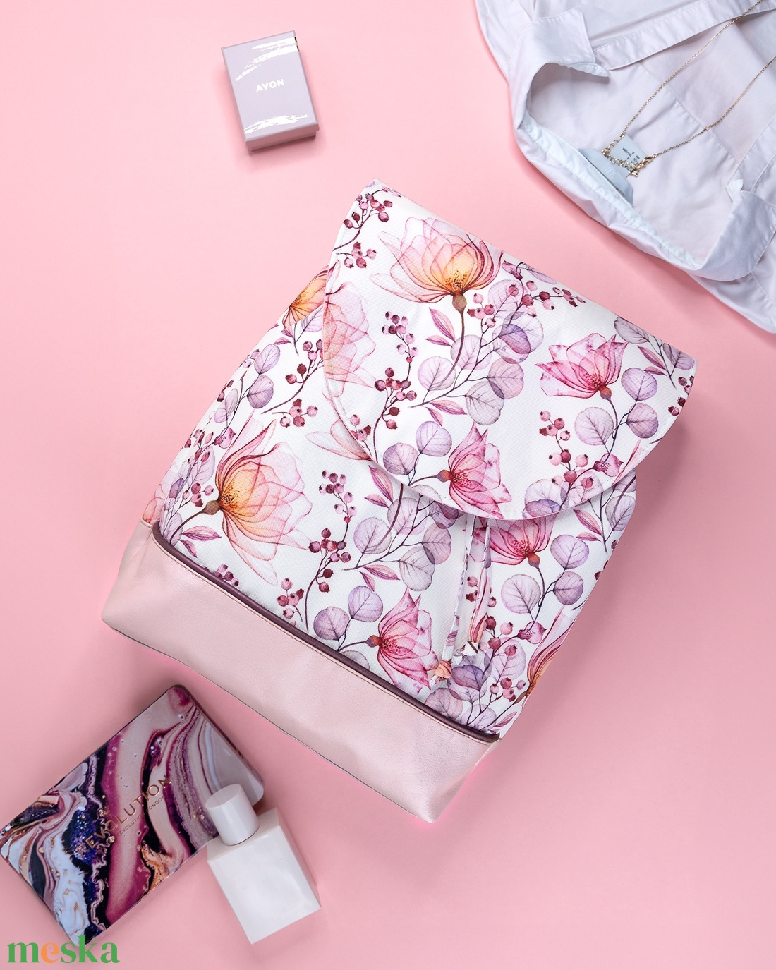 Rózsaszín, virágos hátizsák - táska & tok - hátizsák - hátizsák - Meska.hu