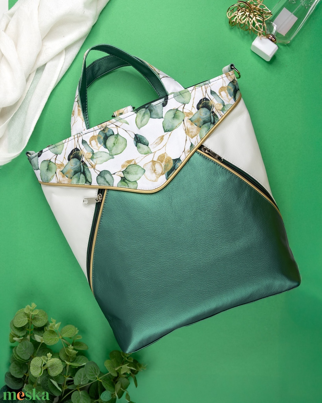 Zöld - fehér, eukaliptuszos 3in1 táska - táska & tok - variálható táska - Meska.hu