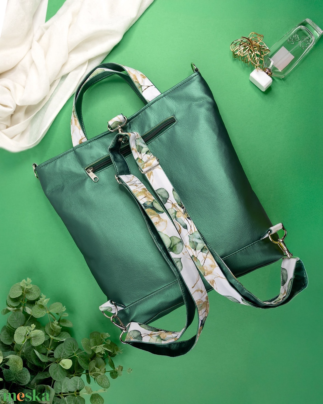 Zöld - fehér, eukaliptuszos 3in1 táska - táska & tok - variálható táska - Meska.hu