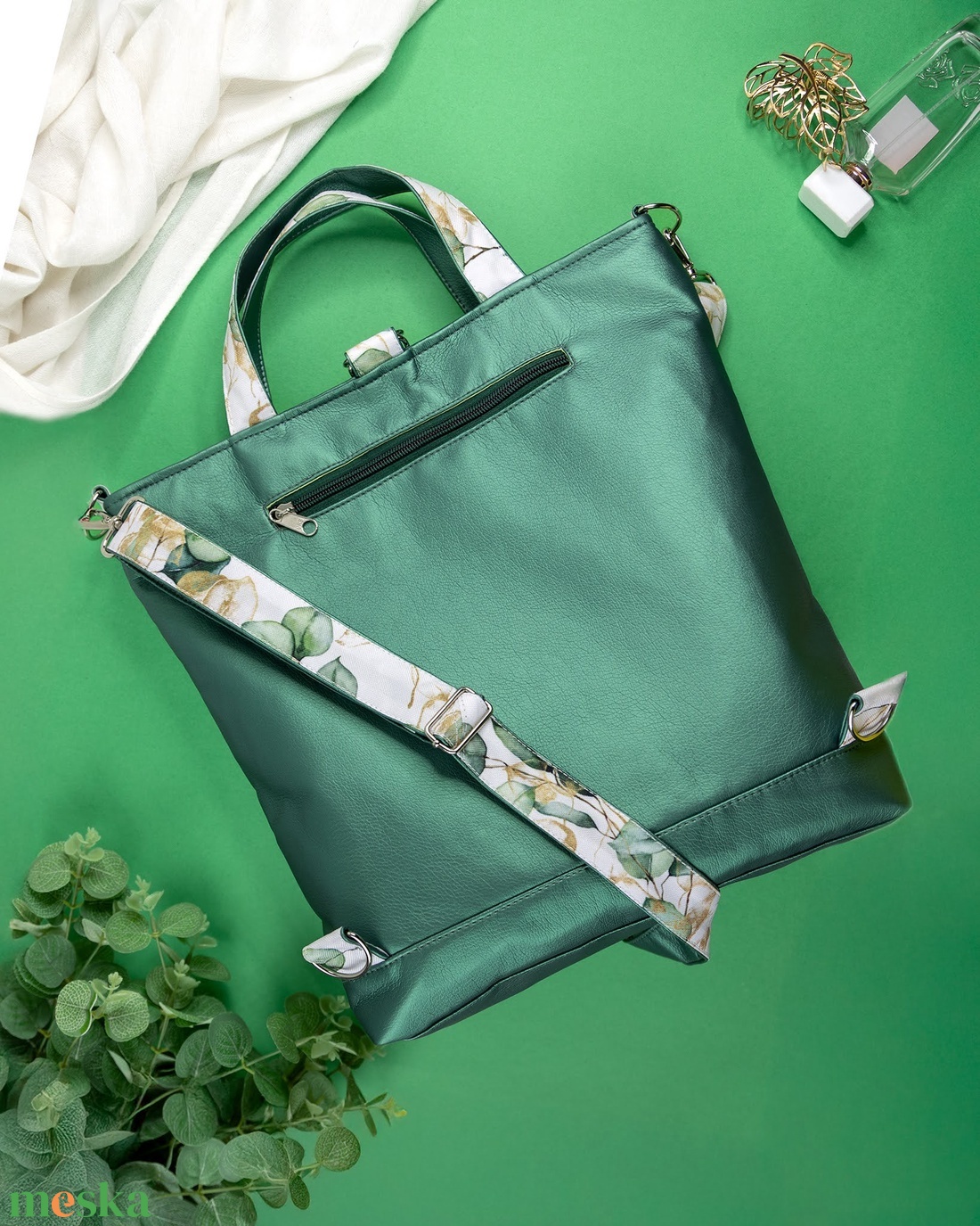 Zöld - fehér, eukaliptuszos 3in1 táska - táska & tok - variálható táska - Meska.hu
