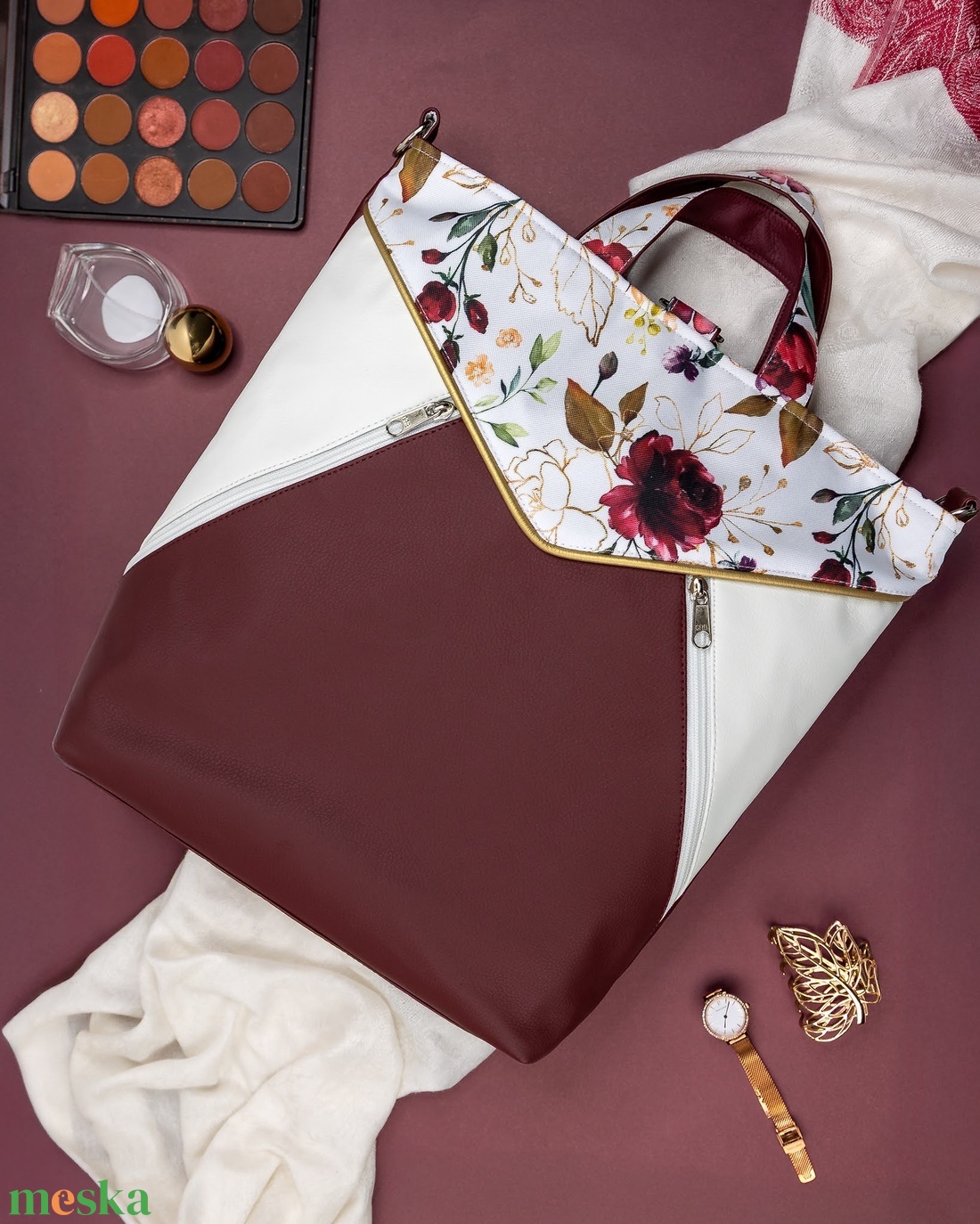 Bordó, virágos többfunkciós táska - táska & tok - variálható táska - Meska.hu
