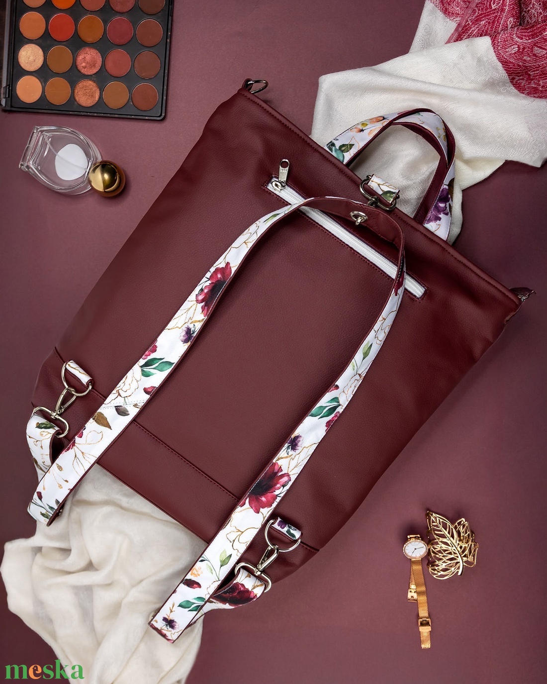 Bordó, virágos többfunkciós táska - táska & tok - variálható táska - Meska.hu
