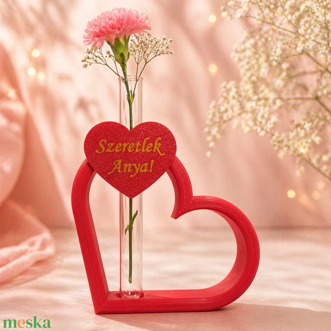 Szív alakú virágtartó üveg kémcsővel szeretlek anya felirattal anyának, de a felirat szabadon változtatható! - esküvő - emlék & ajándék - szülőköszöntő ajándék - Meska.hu
