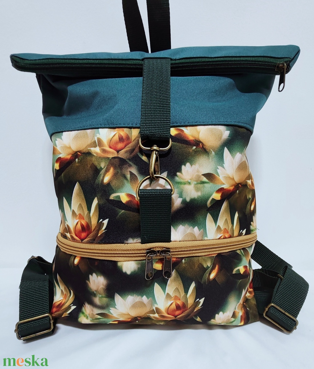 Roll-Top Hátizsák Zöld-Lótusz - táska & tok - hátizsák - roll top hátizsák - Meska.hu