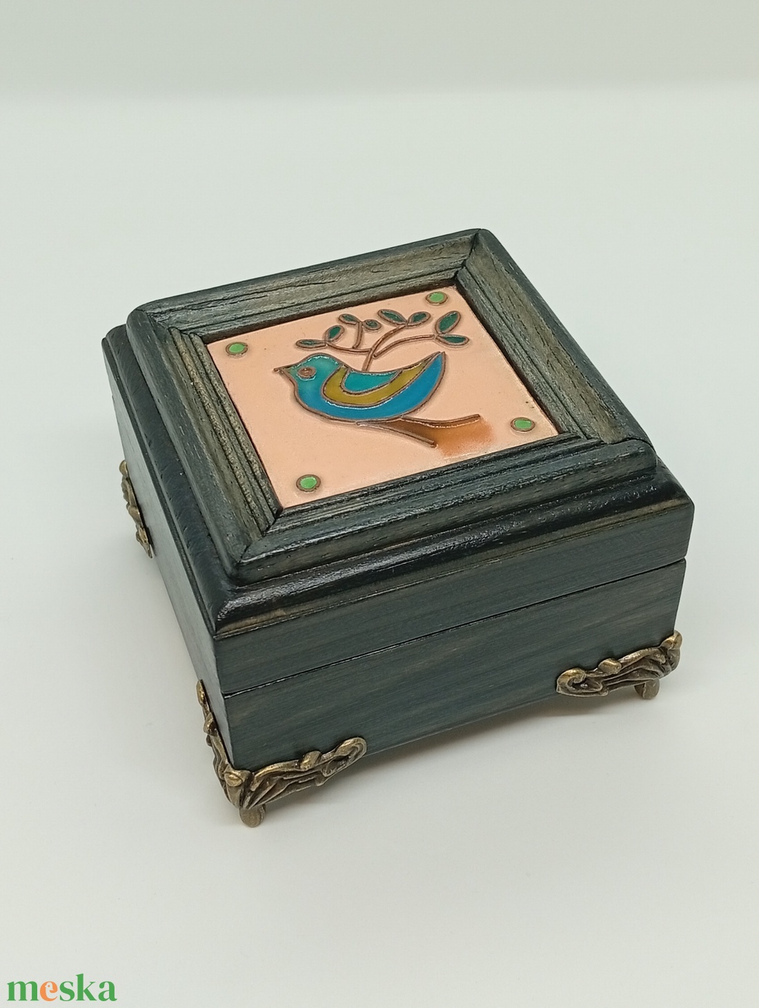 Madárkás  fa ákszerdoboz-egyedi tűzzománc betéttel  - ékszer - ékszertartó - ékszerdoboz - Meska.hu