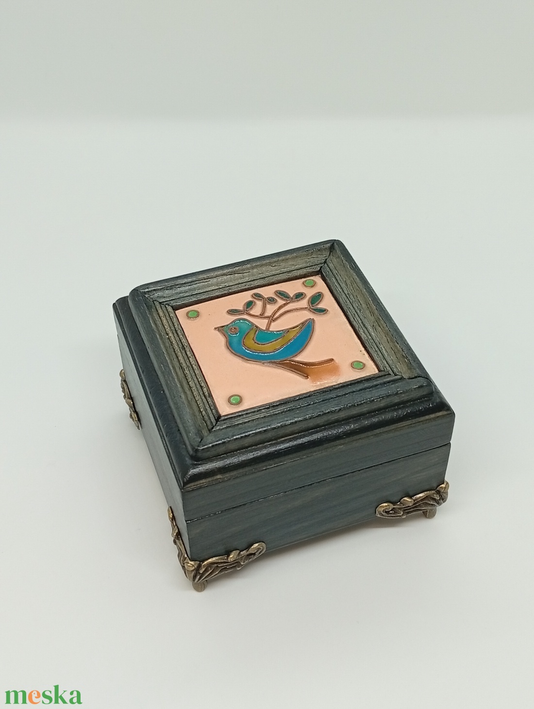 Madárkás  fa ákszerdoboz-egyedi tűzzománc betéttel  - ékszer - ékszertartó - ékszerdoboz - Meska.hu