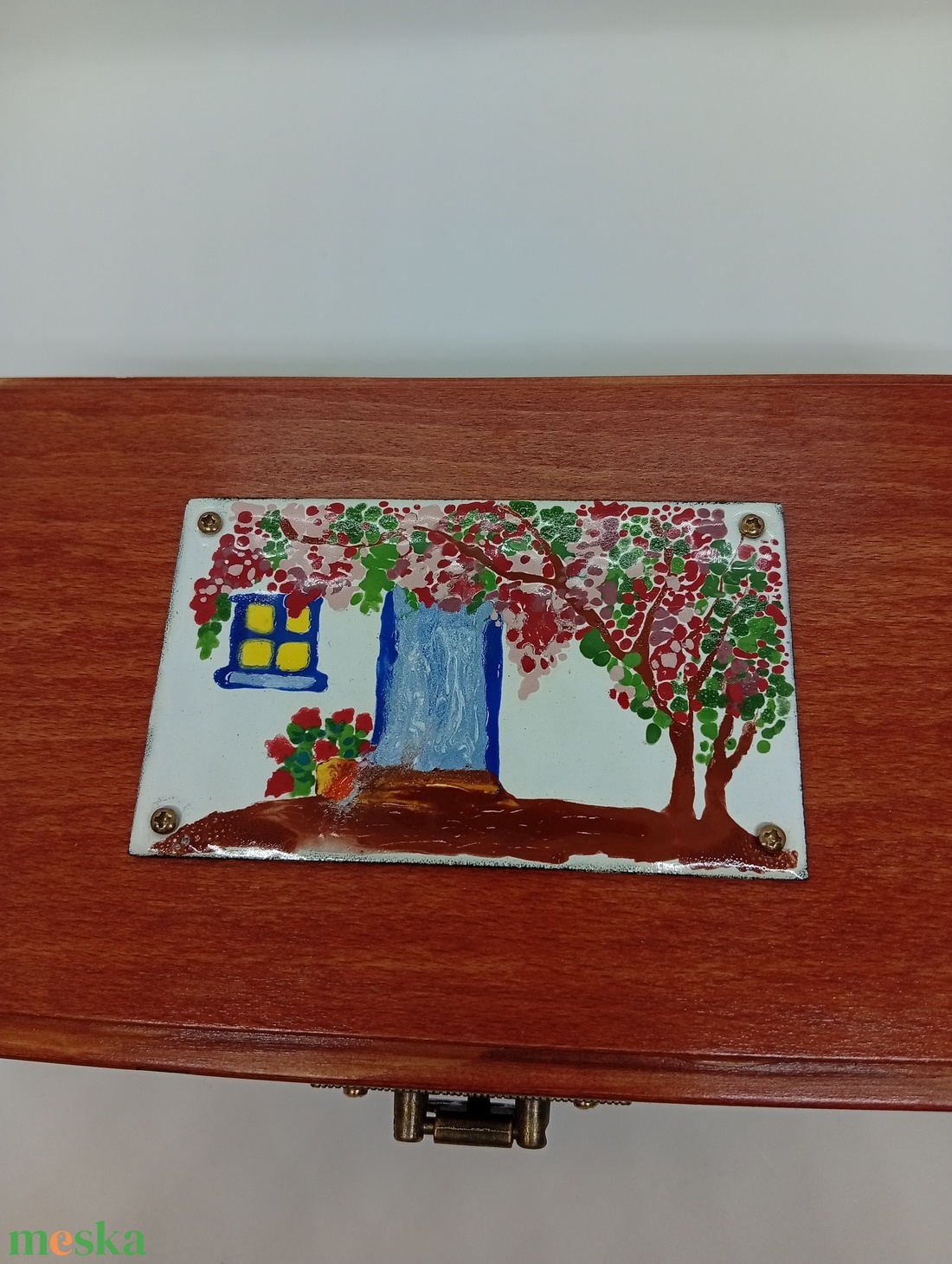 Fa díszdoboz - ház cseresznyefával tűzzománc képpel a tetején - otthon & életmód - dekoráció - asztal és polc dekoráció - díszdoboz - Meska.hu