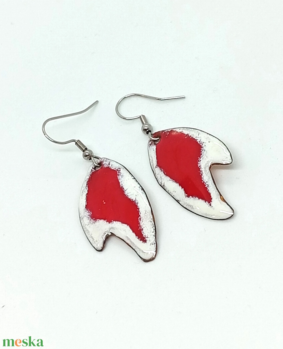  Fülbevaló piros fehér tűzzománc - ékszer - fülbevaló - lógó fülbevaló - Meska.hu