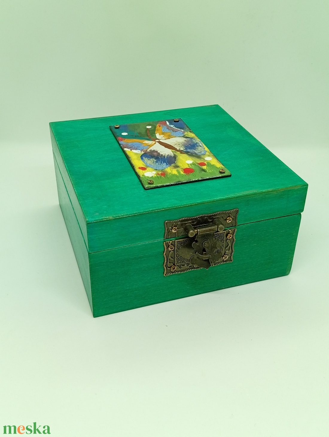 Pillangós tűzzománc fa doboz - otthon & életmód - dekoráció - asztal és polc dekoráció - díszdoboz - Meska.hu